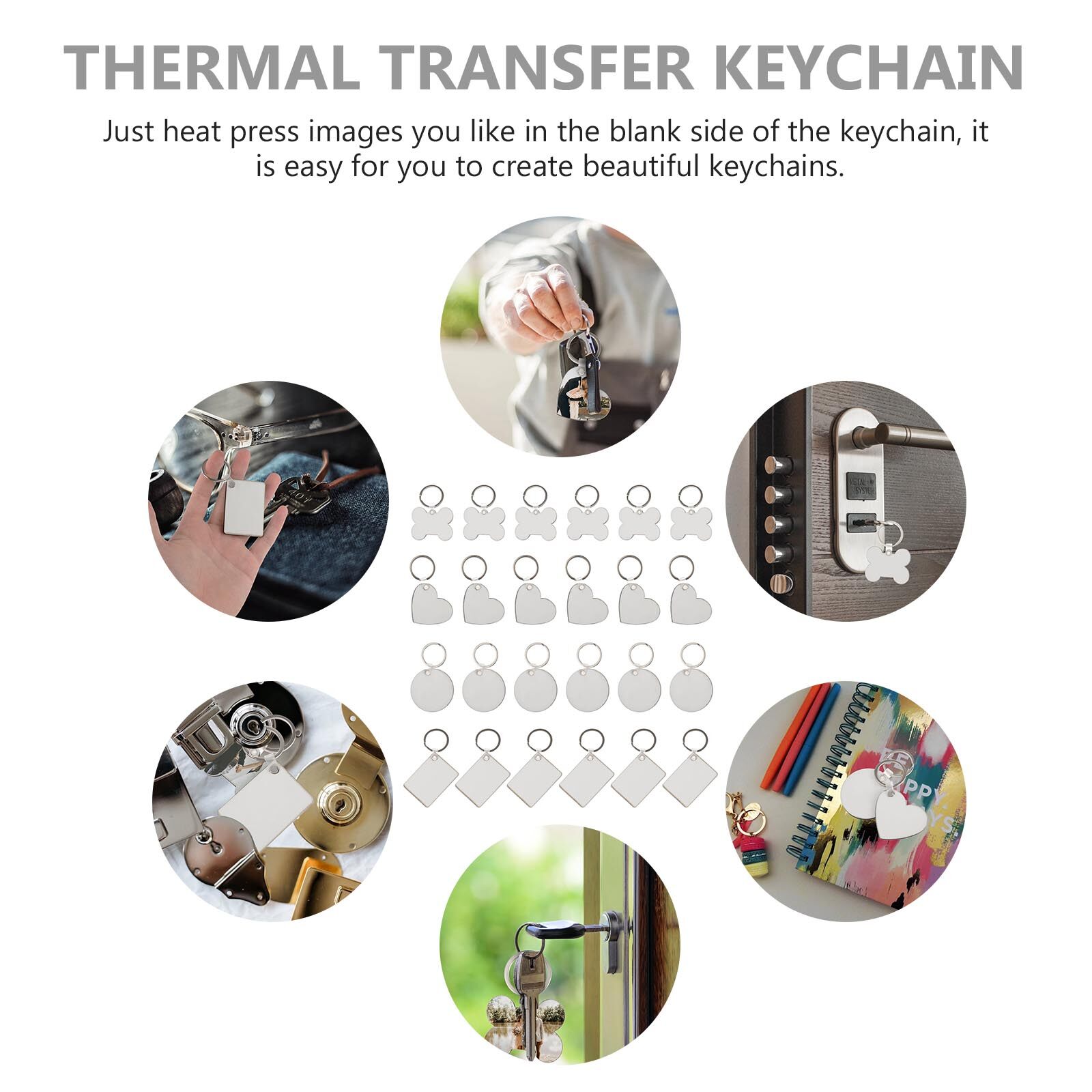 PENIKOKO 36Pcs Heat Transfer Keychain Silver Mdf Blank Key Ring for Creative DIY Accessories