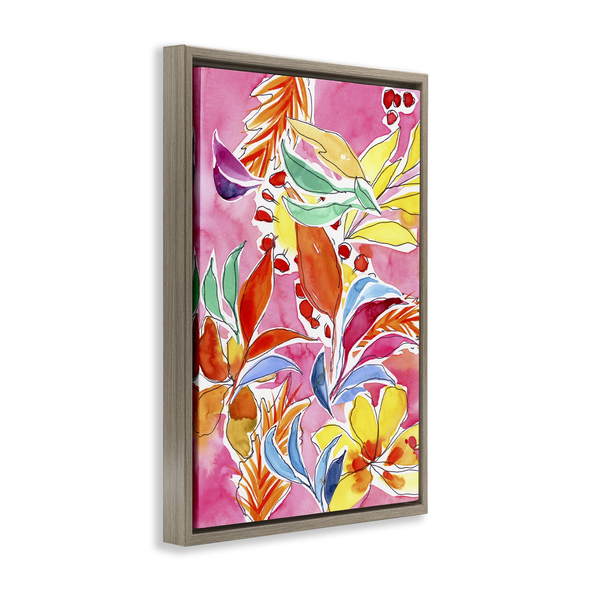 Stupell Industries Whimsical Leaves on Pink Plants & Flowers Painting Brown Floater Framed Canvas Art Print Wall Art, 21 x 31