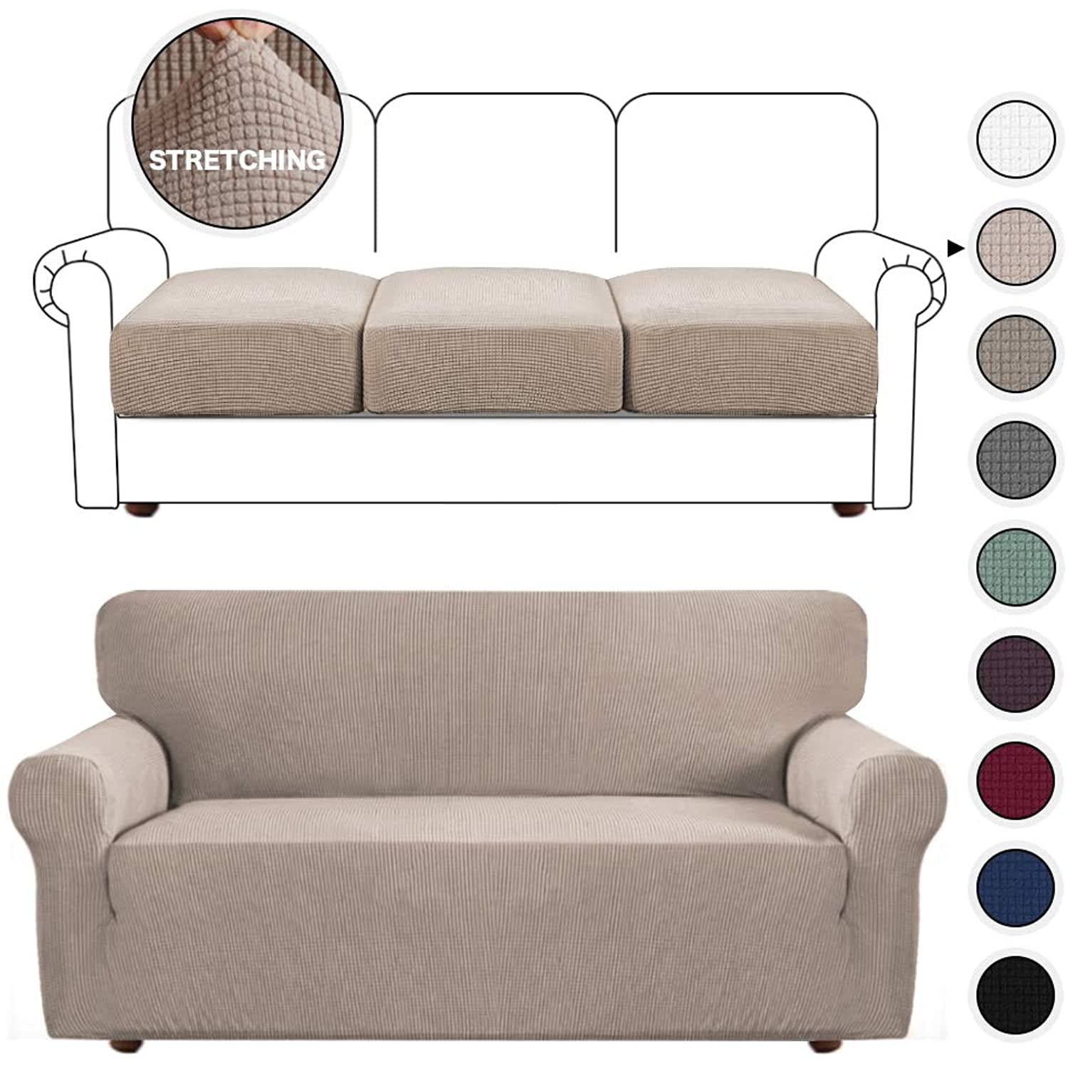 Stretch Sofa Slipcover for 3 Cushion Couch Furniture Protector with Separate Cushion Cover Khaki