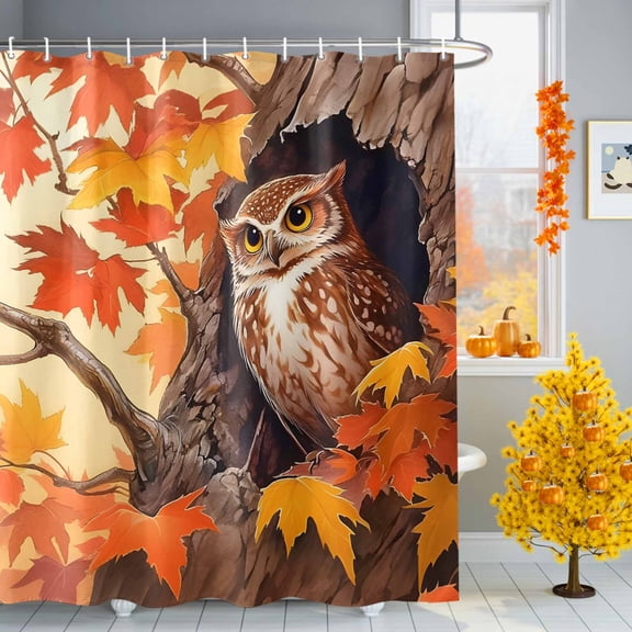 Shower Curtains for Bathroom-72"x72",Owl Fall Orange Maple Leaves Watercolor Waterproof Bath Curtain Grommet Shower Curtain Set with Hooks