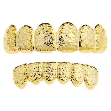 14K Gold Plated Grillz Set Fangs Upper Top And Bottom Lower 4 Four Open