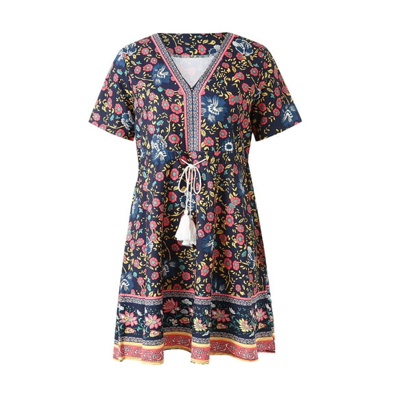 hirigin Women's Bohemian Dresses Summer Floral V Neck High Waist Short Sleeve Drawstring Slimming Casual Short Midi Dress