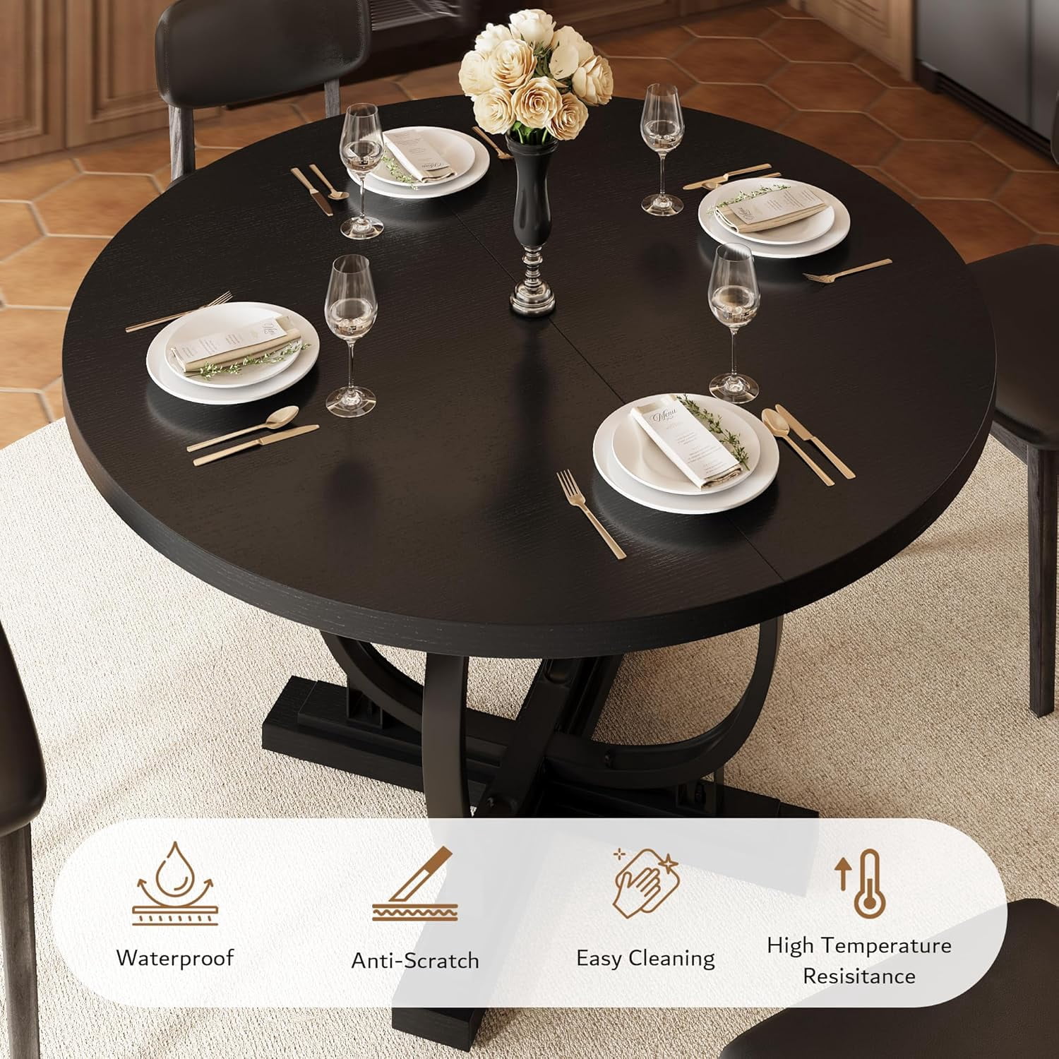 iPormis 59'' Extendable Round Dining Table for 4 to 8, Kitchen Table with Sturdy X-Base Metal Legs, MDF Board , Space Saving, Easy Assembly,Black
