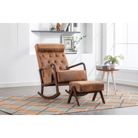 Rocking Chair With Ottoman, Mid-Century Modern Upholstered Fabric Rocking Armchair, Rocking Chair Nursery with Thick Padded Cushion, High Backrest Accent Glider Rocker Chair for Living Room