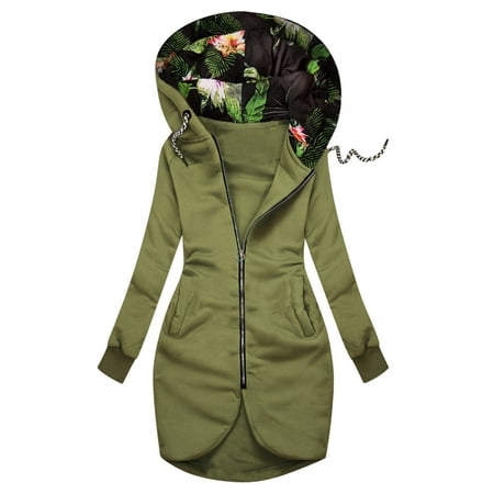 

Women Floral Jacket Zipper Pocket Hoodies Sweatshirt Tunic Long Sleeve Coat Hooded Jacket Fall Outwear