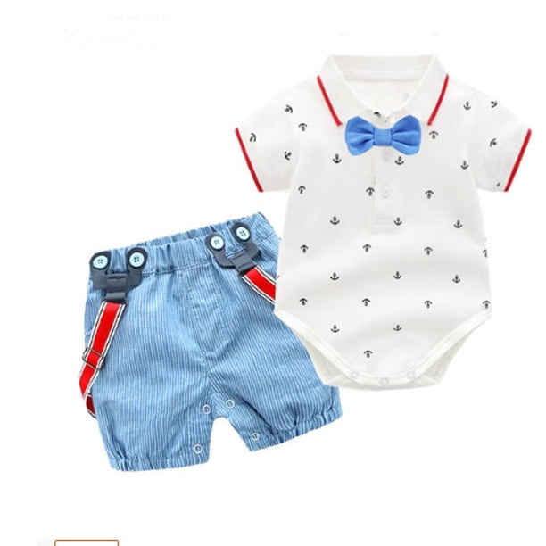 Ropa de bebé para niño, trajes de cumpleaños de caballero de verano, vestido de fiesta para recién nacido, Rmper sólido de algodón suave + pantalones con cinturón, conjunto para niño pequeño Tan Jianjun unisex