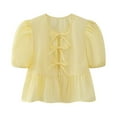 thumbnail image 1 of cfhntfmh Hauts d'Été pour Femmes Mode Col Rond Nœud devant Manches Courtes Bouffantes Chemises Babydoll Blouses Décontractées Amples, 1 of 4