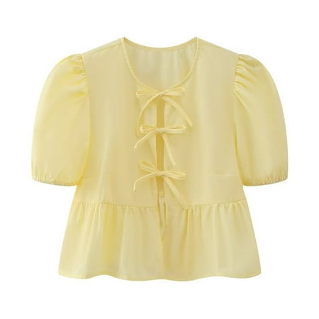 Womens Bow Tie Front Cute Babydoll Tops Puff Sleeve Summer Loose Peplum Ruffle Blouse Y2K Lace Up Going Out Shirts