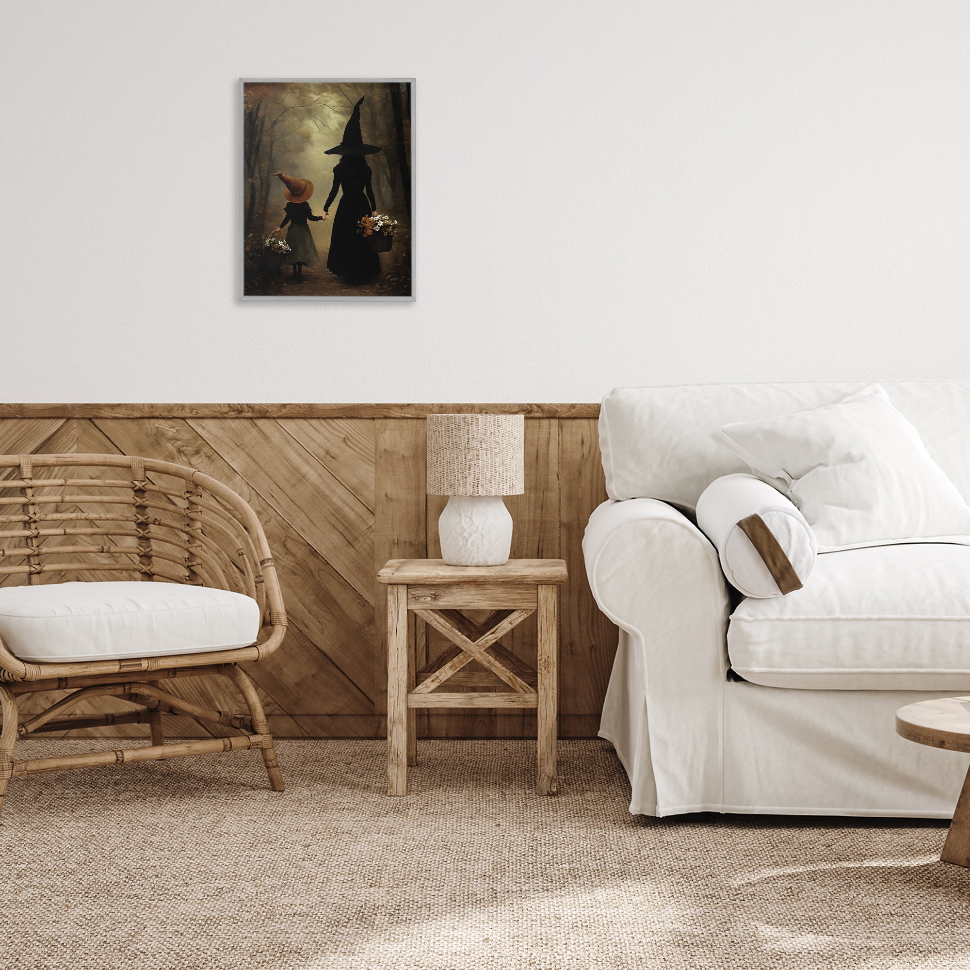 Witch & Daughter Mystical Forest Gray Framed Giclee Art, design by Arlington Prints