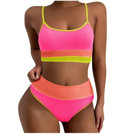 POROPL Swim Suits for Women Bikini Halter Top Swim Padded Color Block Swim Red Size S-2XL