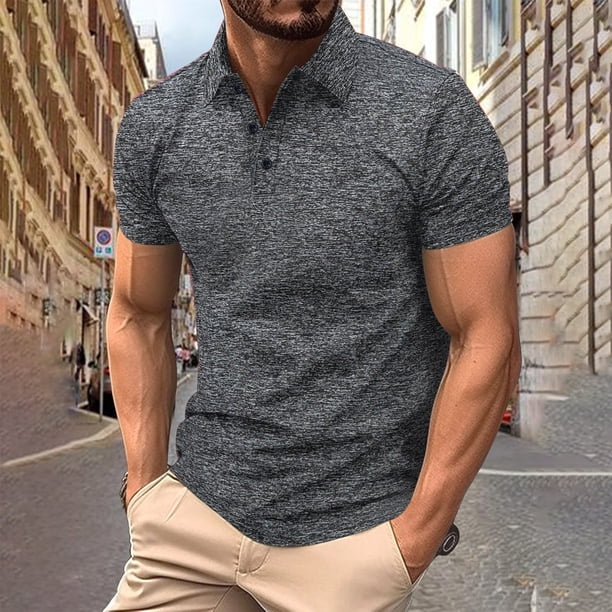 Playeras Elvqul Hombre Liso Gris Oscuro Casual Manga Corta Abotonada Solapa Gym