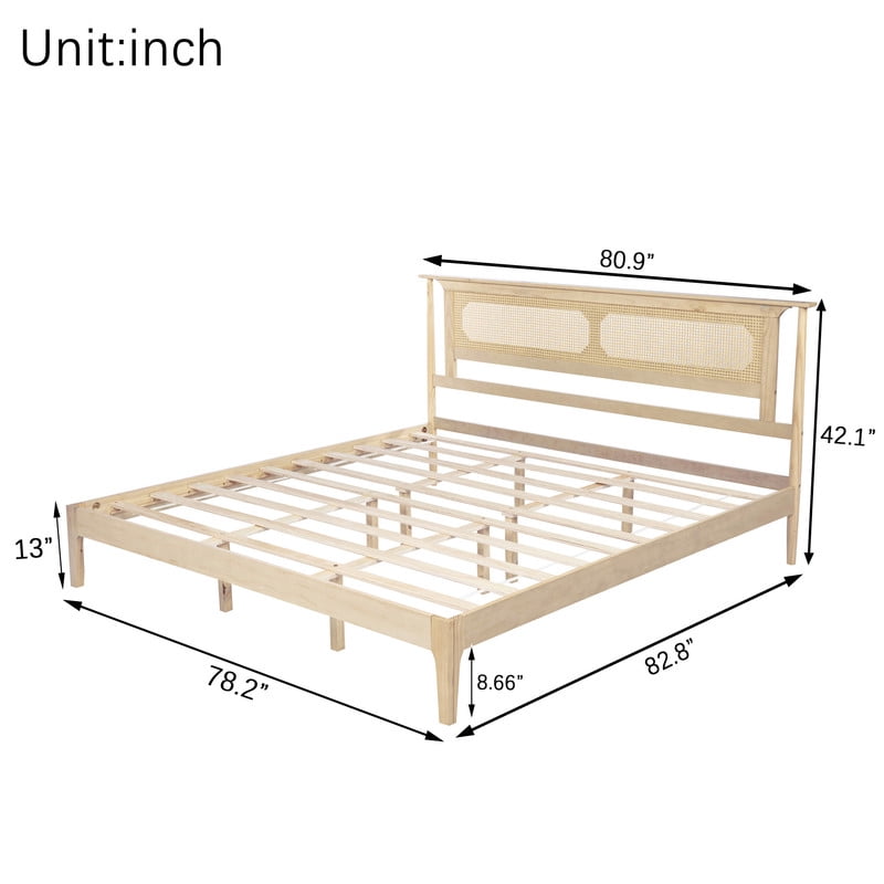 King Size Wooden Platform Bed with Rattan Headboard, Low-Profile Bed Frame with 8.6'' Under-Bed Storage
