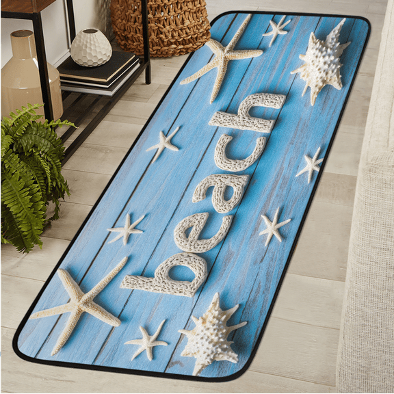 CURLYOOT Beach Starfish Runner Rug 2'x6' Washable Kitchen Runner Rug Indoor Non Slip Laundry Rugs Farmhouse Wood Floor Carpet for Hallway Kitchen Entryway Bedroom Living Room