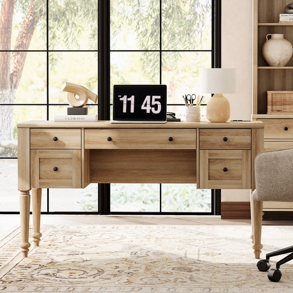 Farmhouse Executive Desk with Storage, Wood Writing Desk with Charging Station & Drawer for Home Office & Study, Oak