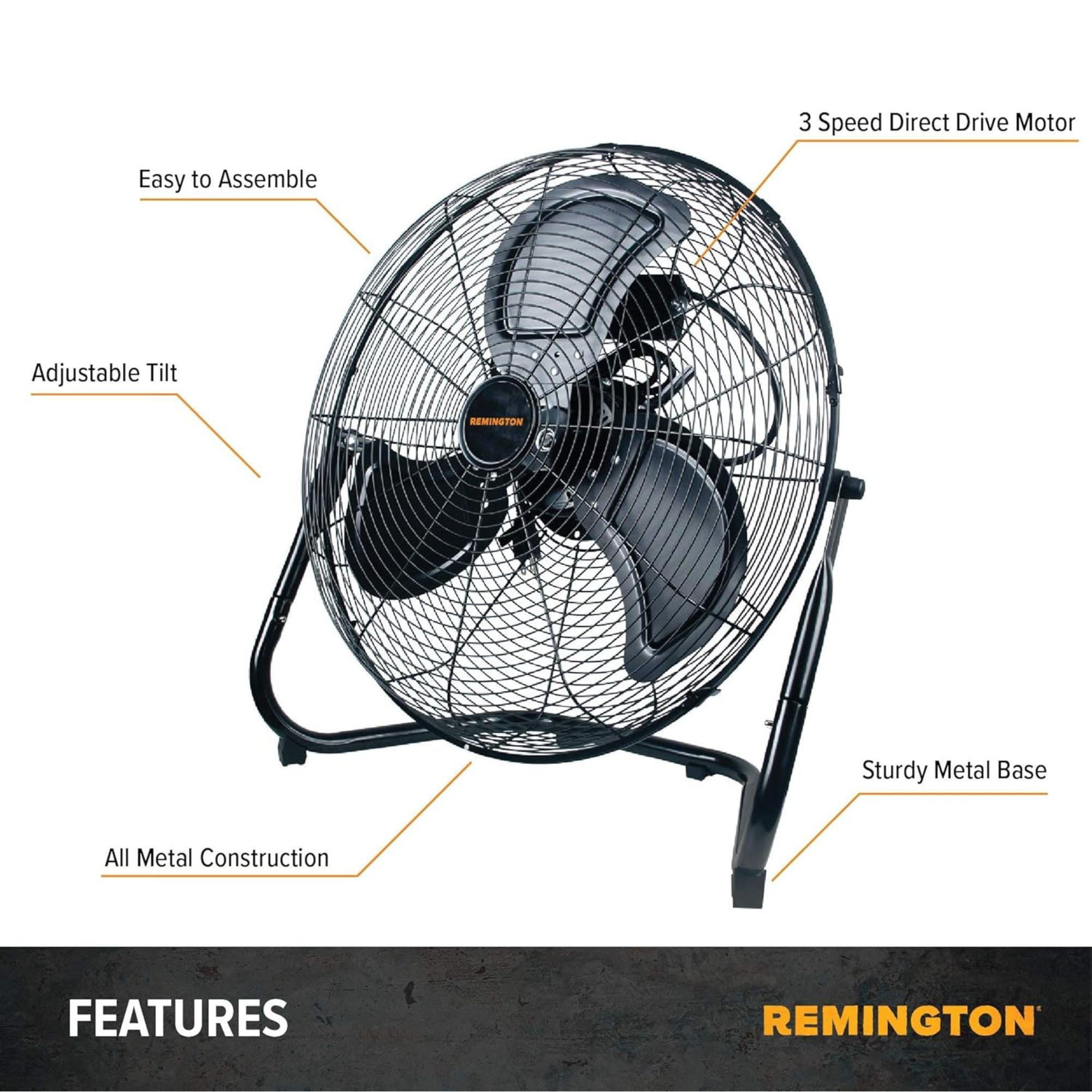 Remington 20" High Velocity Floor Fan, 3 Speed Portable Cooling Unit, Black