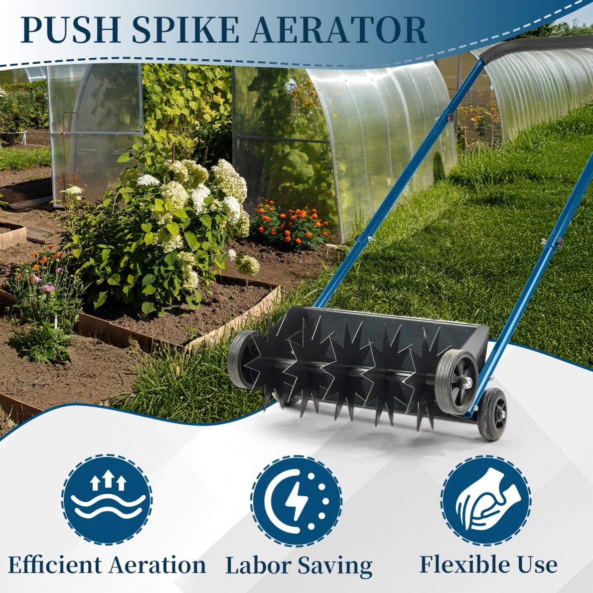 19-Inch Push Spike Aerator, Heavy Duty Rolling Lawn Aerator, Rotary Spike Lawn Aerator, Manual Aeration Equipment with U-Shaped Handle, Suitable for Lawns, Garden, and Yard Grass Aeration, Black+Blue