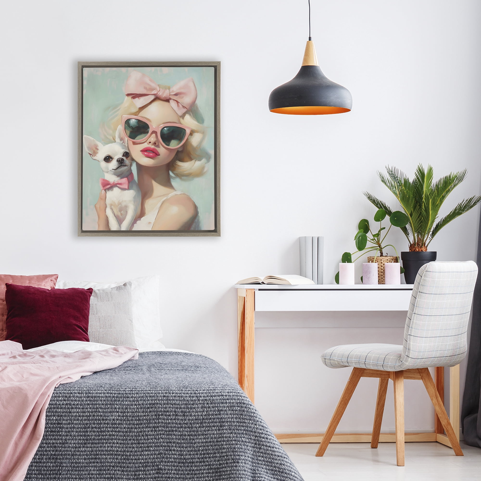 Stupell Industries Girl with Chihuahua Brown Framed Floater Canvas Wall Art, design by The Prints Vibe