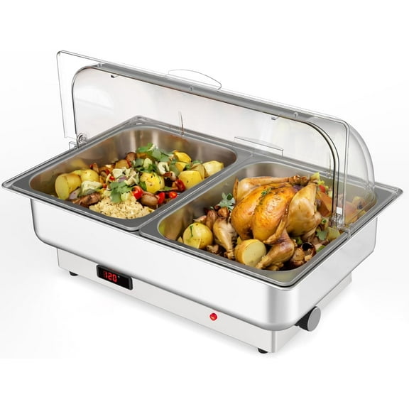 Lumiparty Electric Chafing Dishes Buffet Set with Temperature Control, 2 x 4.5QT Half-Size Rectangular Roll Top Stainless Steel Food Servers and Warmers for Catering Wedding