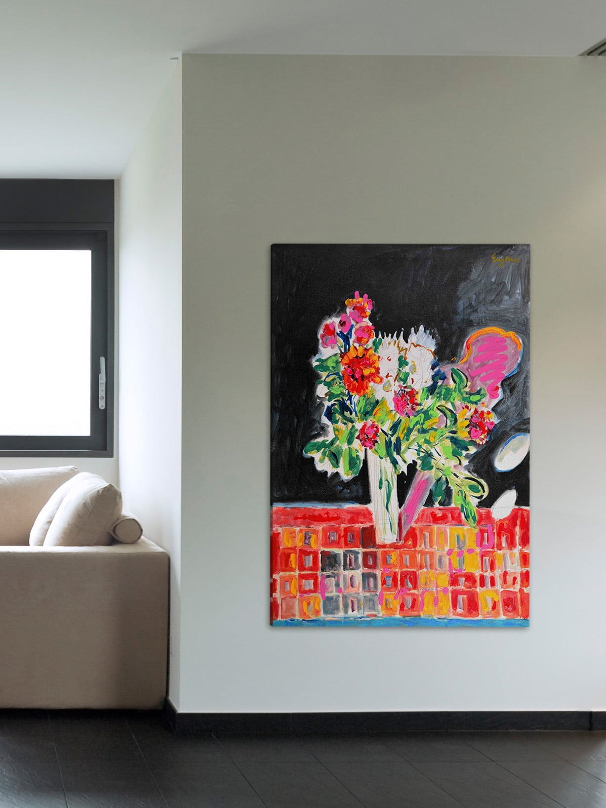 "Flowers on a Checkered Cloth" Painting Print on Wrapped Canvas