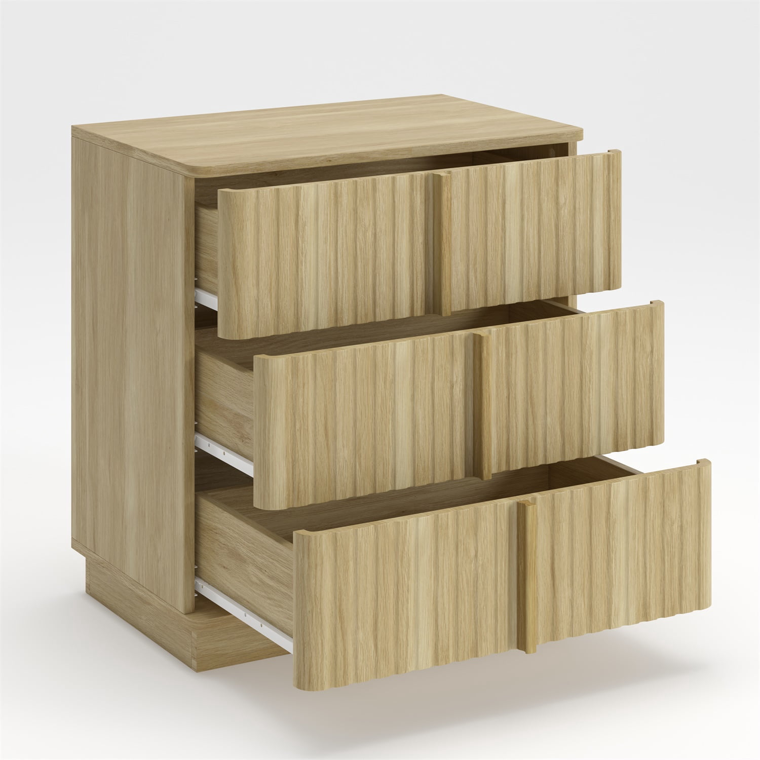 Hommoo Vintage Vertical Stripe 3-Drawer Nightstand, MDF Bedroom Side Table with Ample Storage, Modern Retro Design for Bedroom, Living Room & Home Office, Natural