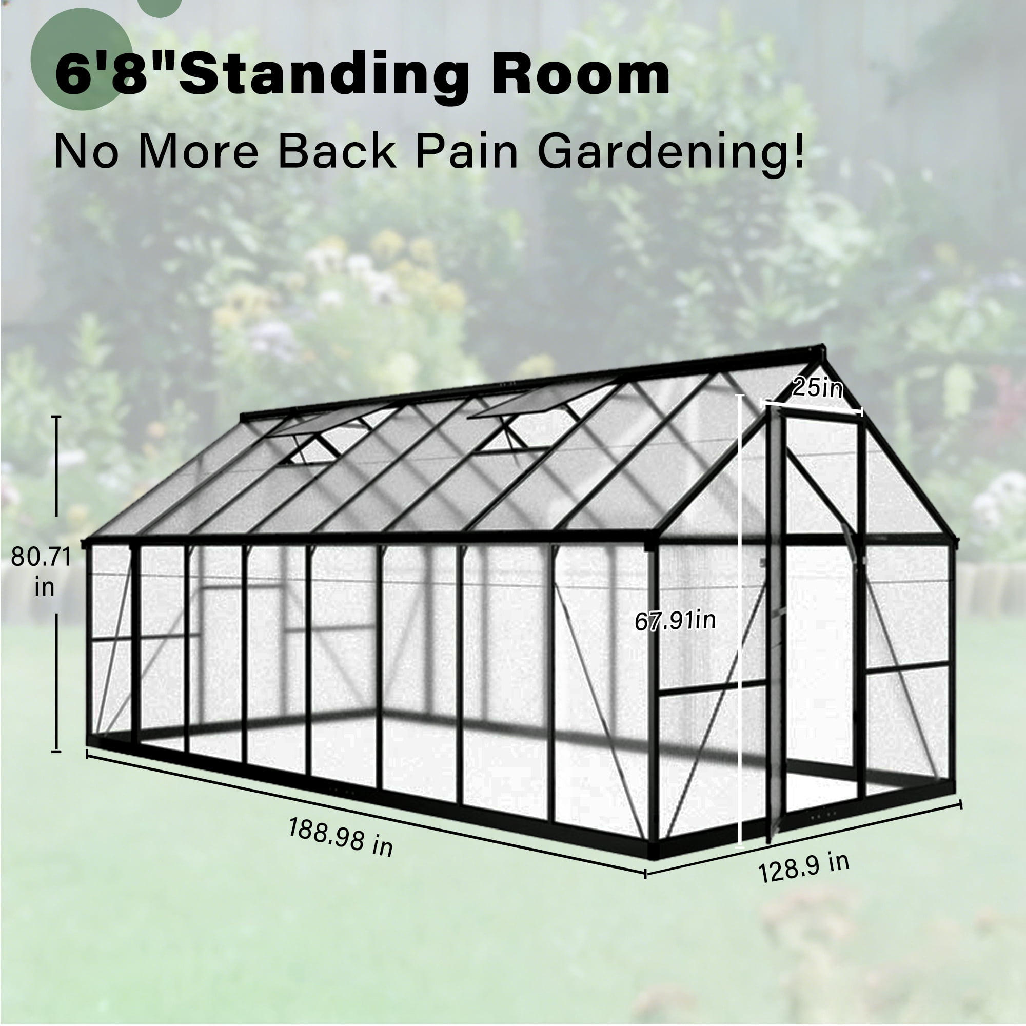 PABIMIA  8 x 16 ft Polycarbonate Outdoor Greenhouse, Walk-in Aluminum Greenhouse with Roof Vent, Black