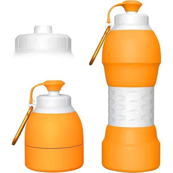Botellas de agua plegables de viaje, botella de agua plegable de silicona de 580 ml, a prueba de fugas, portátil reutilizable para viajes, deportes, camping, senderismo (boquilla naranja-regular)