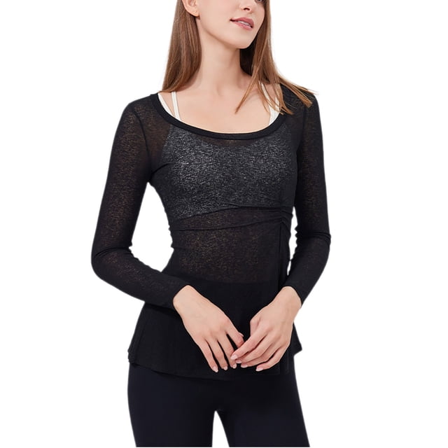 Timegard Yoga T Shirts for Women Fitting Ruched Long Sleeve Round Neck Blouses Workout Solid Color Quick Drying Tops