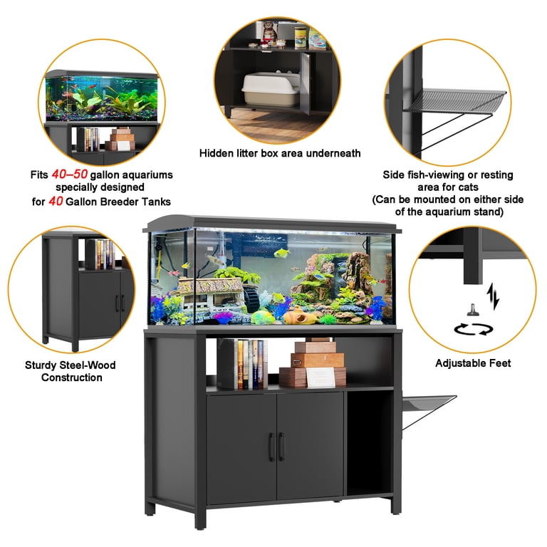 GDLF Fish Tank Stand with Hidden Litter Box + Cat Perch, 36.6