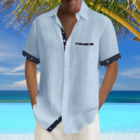 Mens Hawaiian Shirt Short Sleeve Holiday Button Color Contrast Lapel Top Summer Casual Comfortable Beach Shirts for Men Blue XL