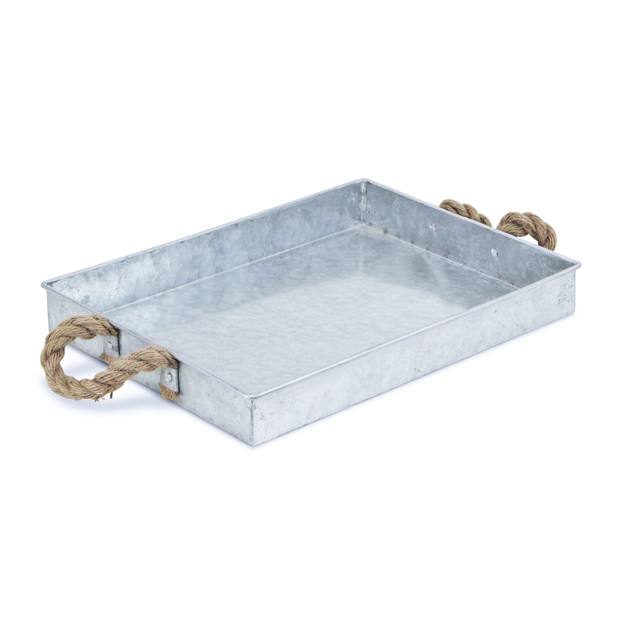 Gray and Brown Galvanized Rectangular Tray with Rope Handles 16