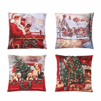 Christmas Throw Pillow Covers Set, Holiday Theme Decorative Pillowcases, Santa Claus Winter Village Design, 18 x 18 Inch, 4 Pack