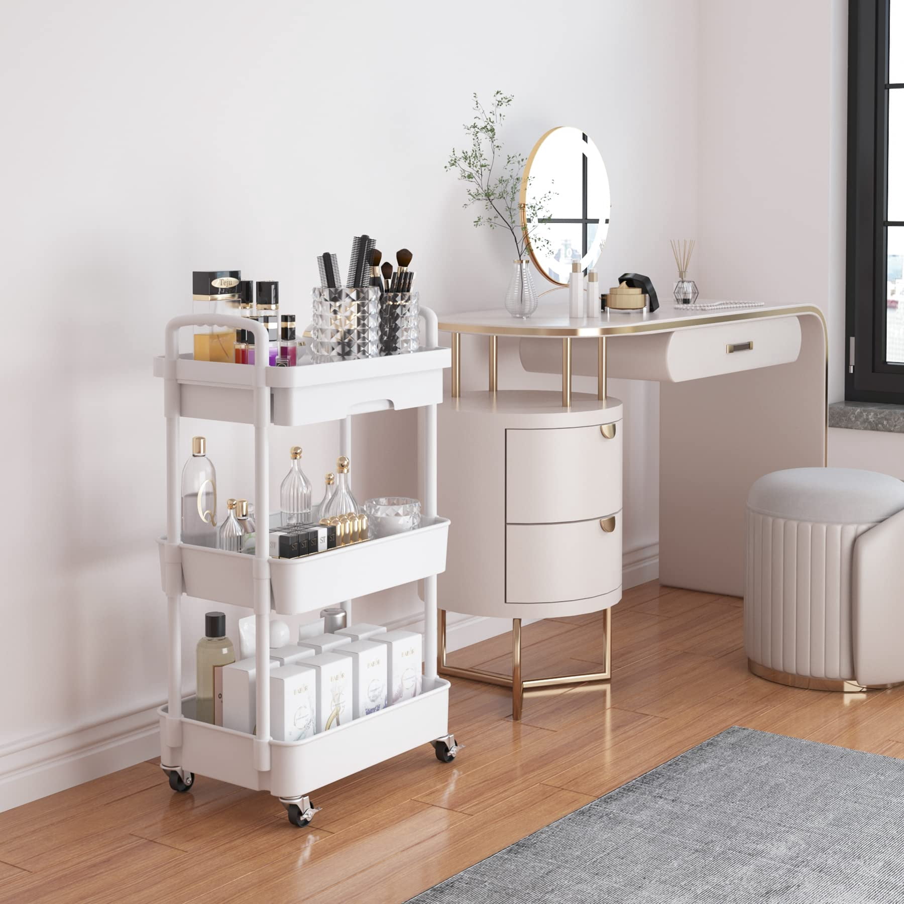 4-Tier Rolling Utility Cart with Drawer Multifunctional Storage Organizer Plastic Shelf Metal Wheels Kitchen Bathroom Office Storage Cart Black