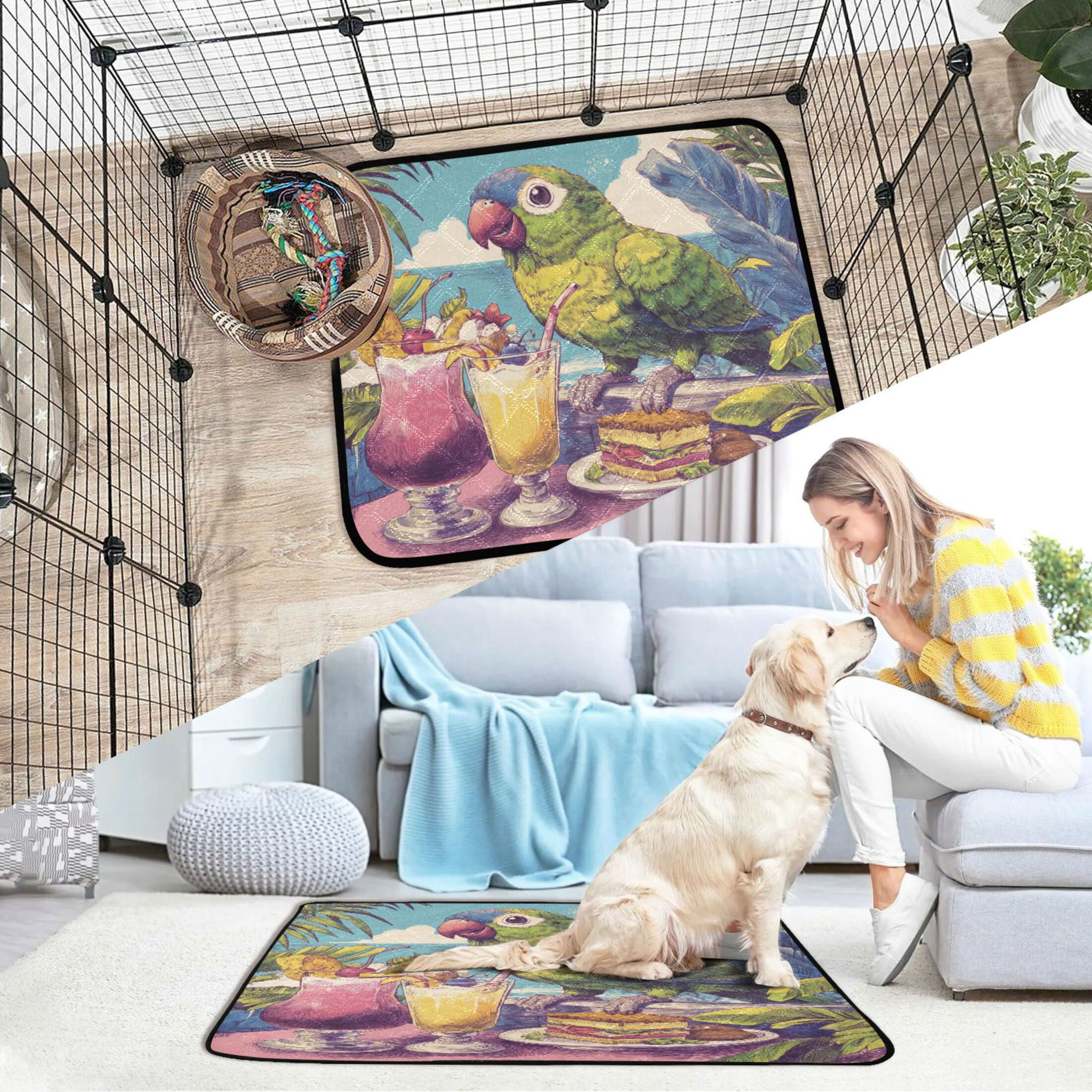 Qxltty Green Parrot Cat litter Pads Pet Set of 2 Diaper Mats Center Anti-leakage Layer Absorbent Soft and Comfortable