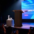 thumbnail image 5 of 44 Inch Rustic Brown Wooden Podium Stand With Mic Space Sliding Shelf Cup Holder Fixed Shelf For Church School Seminar, 5 of 11