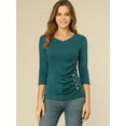 thumbnail image 3 of INSPIRE CHIC Women's Button Decor V Neck 3/4 Sleeve Solid Blouse Knitted Ruched Top, 3 of 6