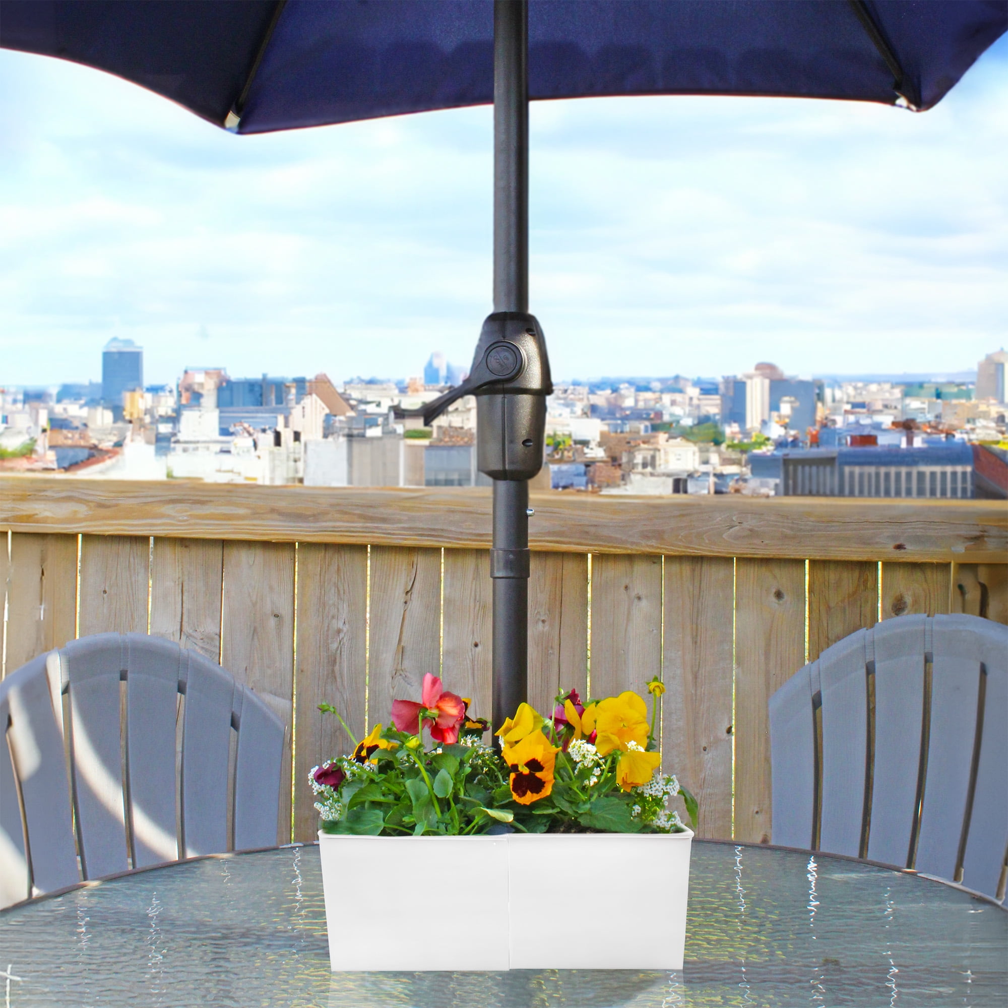 AuldHome Design Umbrella Planter for Patio Table (White Square), w/Umbrella Hole, Enamelware Rectangular Planter Pots