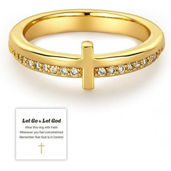 Cross Ring for Women Non Tarnish, Cubic Zirconia Purity Ring for Christian, Engrave Let Go & Let God Dainty Trendy Religious Pray Ring