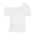 thumbnail image 3 of Lovskoo 2024 Women's One Off The Shoulder Top Short Sleeve Boat Neck Ruched Going Out Crop Top Slim Summer Y2K T Shirt White XL, 3 of 6