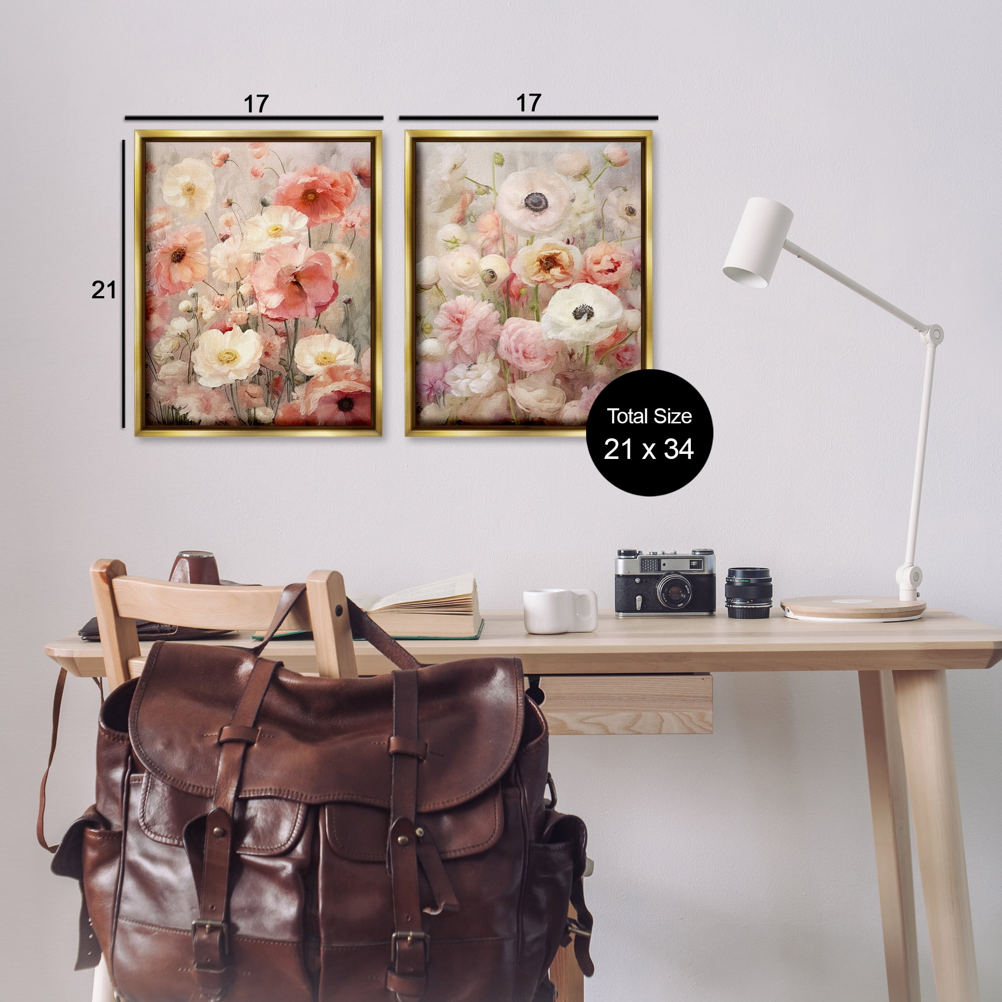 Stupell Industries Blush Floral Flowers Plants & Flowers Painting Gold Floater Framed Canvas Art Print Wall Art, 17 x 21, Set of 2