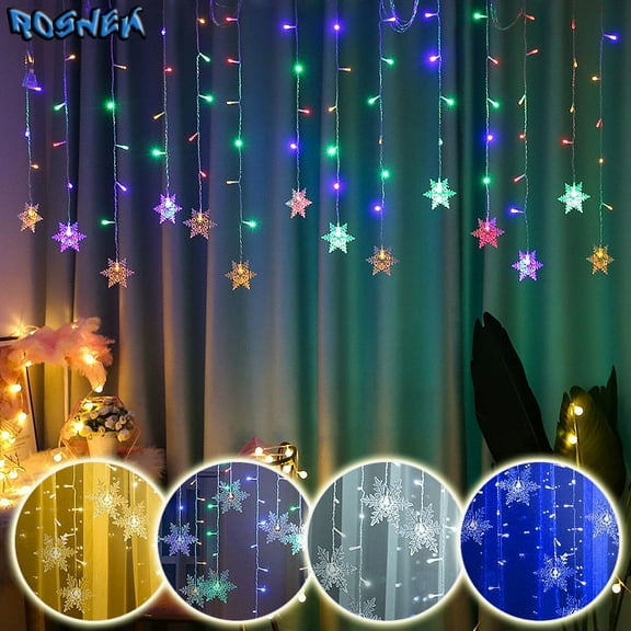 Rosnek 96LEDs Big Snowflake Curtain Lights, Icicle Window Hanging Lights, Curtain String Lights, 8 Modes Flashing Xmas Fairy Lights, for Home Window Party Xmas Tree Decor, 1/2/3/4/6/10Pcs