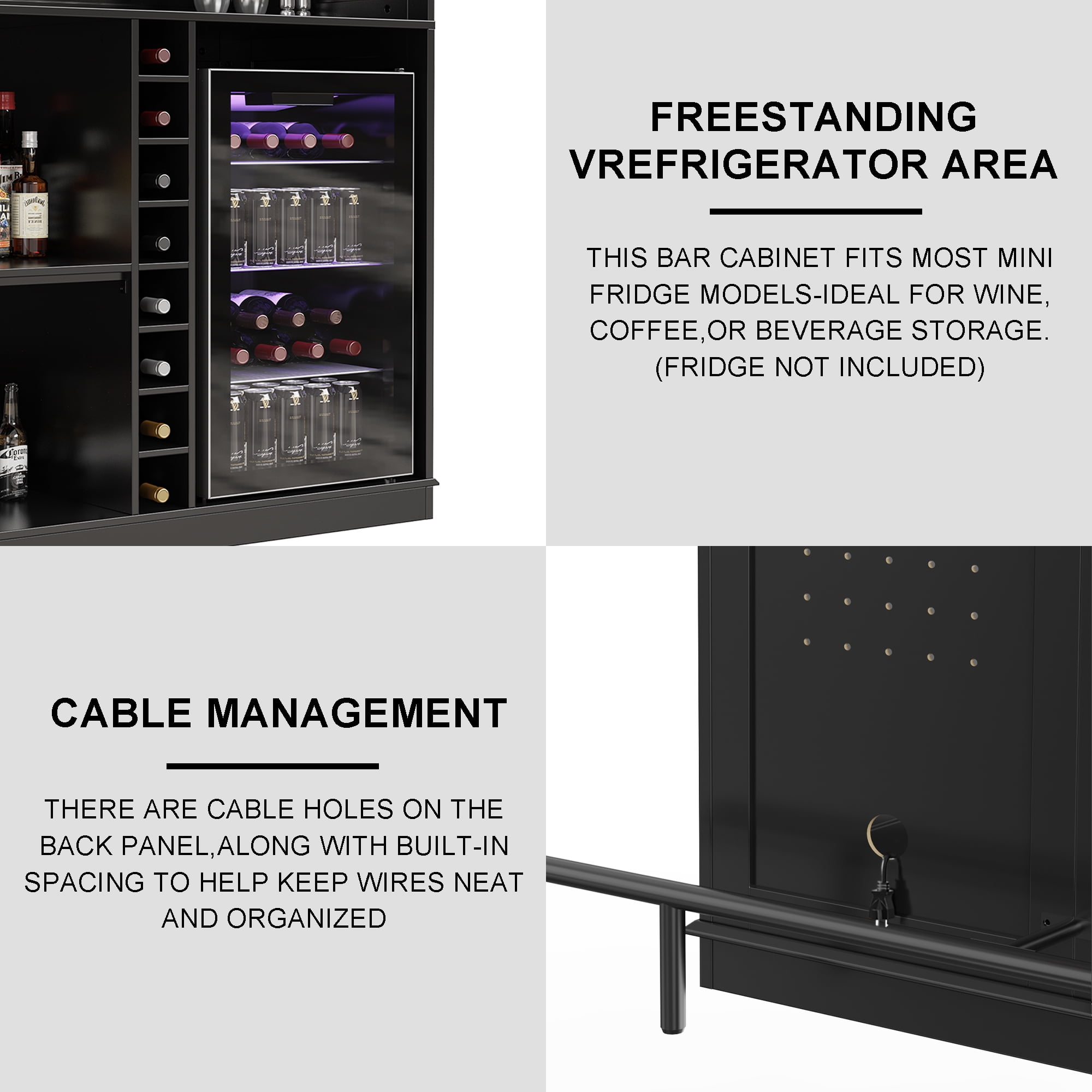 Home Bar Unit with Fridge Space, U-Shape Liquor Wine Cabinet, 63" Mini Bar Table
