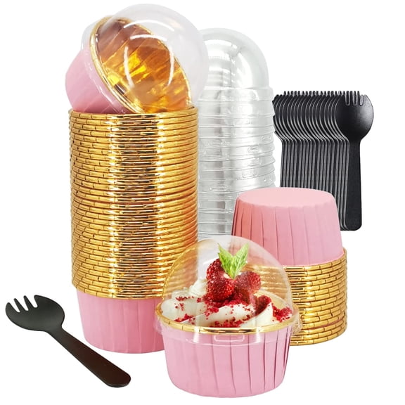 50 Pcs Cupcake Holders with Dome Lids, 5oz Disposable Foil Baking Cups, Wedding Christmas Halloween Decorations, Pink Gold