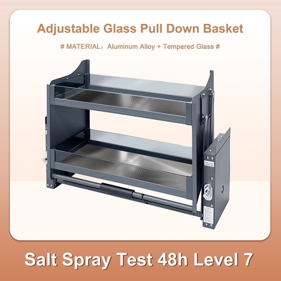 24'' Pull Down Shelf for Upper Cabinets, 2 Tier Kitchen Pull Down Cabinet Organizer, 3 Gear Adjustable Bearing, Maximum Load Capacity 66lbs