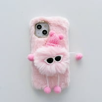 Nalacover Furry Plush Case for iPhone 15 6.1", Cute Cartoon Briquette Cold Weather Warm Fluffy Phone Case, Shockproof Shining Glitter Diamond Lens Frame Protection Cover, Pink