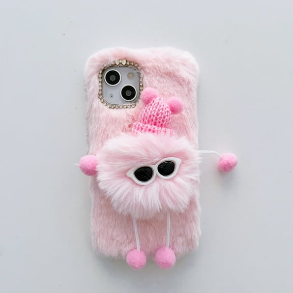 Decase Plush Case for iPhone 15 Plus ,3D Cute Pattern Decorative Shockproof Protective Case for Girls Women Winter Warm Soft Back Decorative Phone Cover for Apple iPhone 15 Plus 2023 - Pink