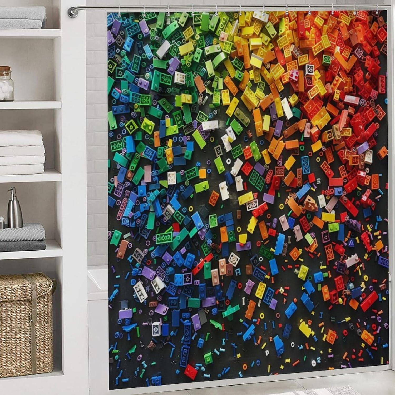 4Pcs Colorful Building Block Brick Shower Curtain Sets with Rugs, Toilet Lid Cover and Bath Mat, Geometric Bathroom Shower Curtains Set with 12 Hooks
