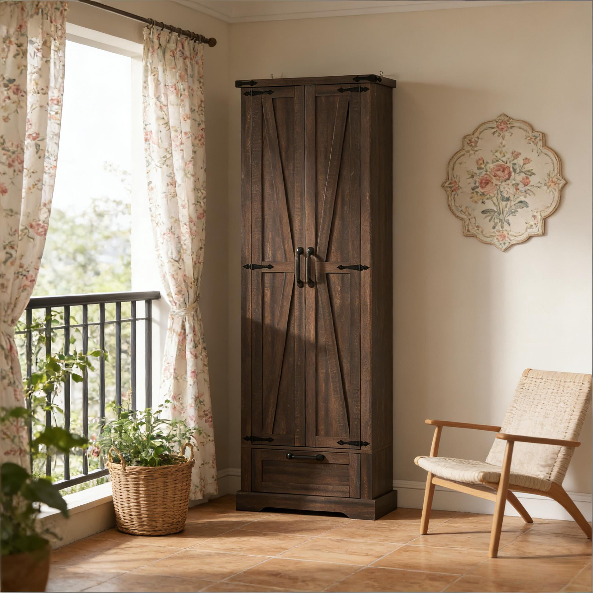 Farmhouse Pantry Cabinet, 70.9" Tall Kitchen Pantry Storage Cabinet with Barn Door,Drawer & Adjustable Shelves