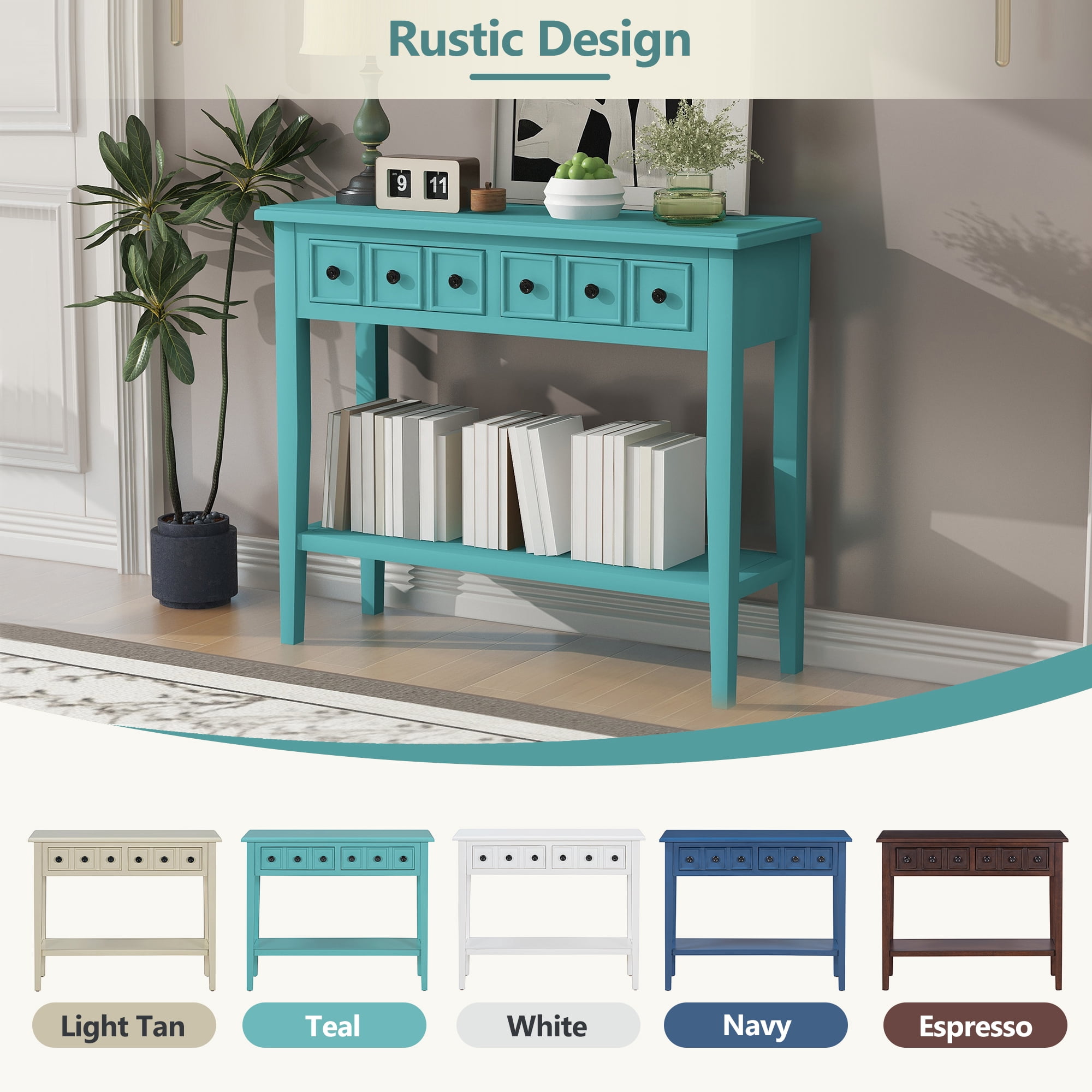 EUROCO 38.2" Console Table,Sofa Table Entryway Table with Rubber Wood Legs,2 Drawers and Open Shelf,Rustic Hallway Accent Table for Living Room, Entrance,Teal