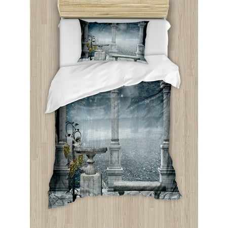 Gothic Duvet Cover Set Fictional Middle Age Mythical Stone Bench