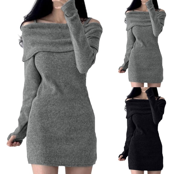 zaveiop Womens off The Shoulder Mini Sweater Dress Bodycon Long Sleeve Ribbed Knit Fall Casual Short Dresses (Black, L)
